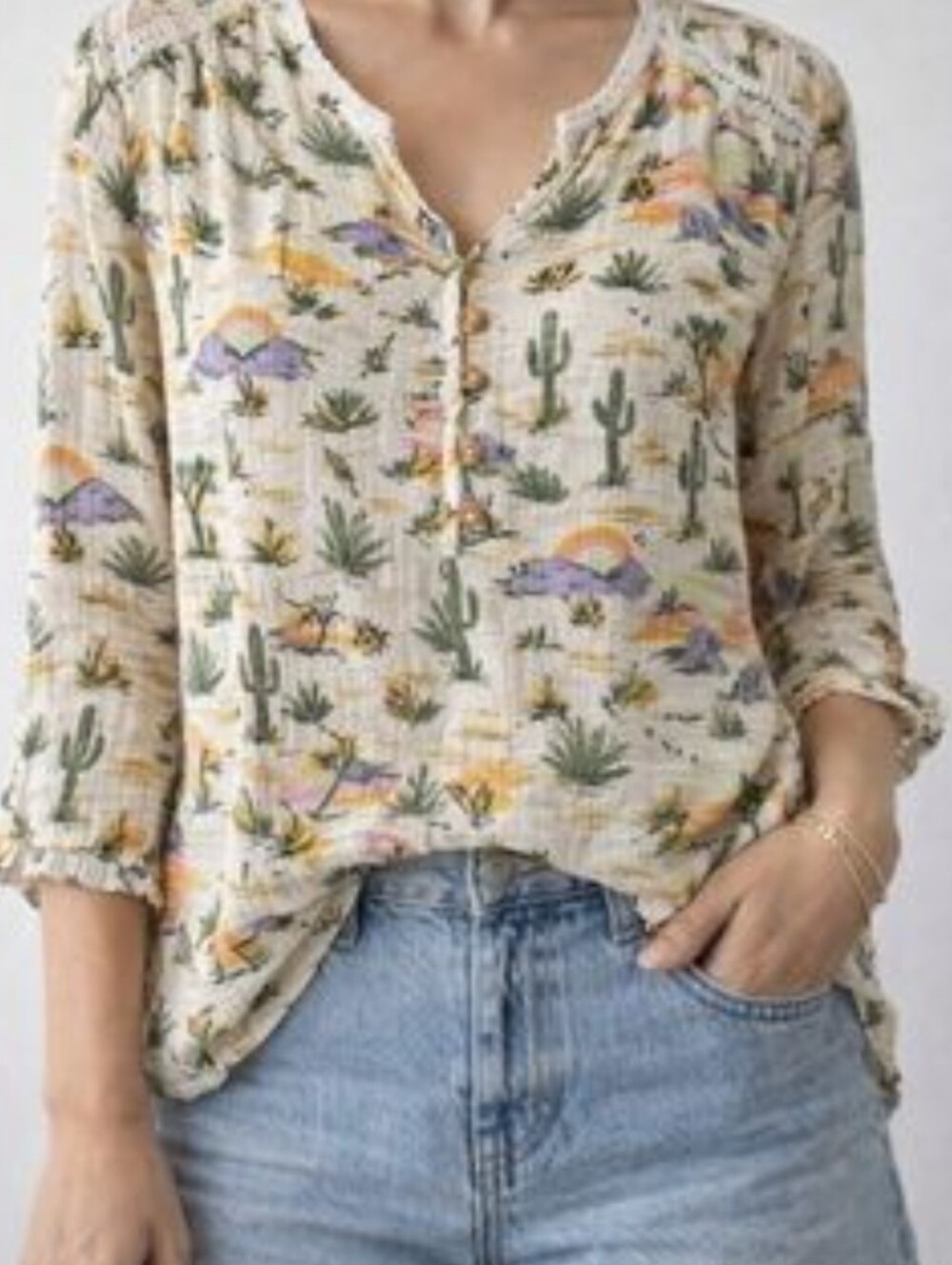 Wit & Wisdom Democracy Cream Desert Cactus Print Henley Tunic